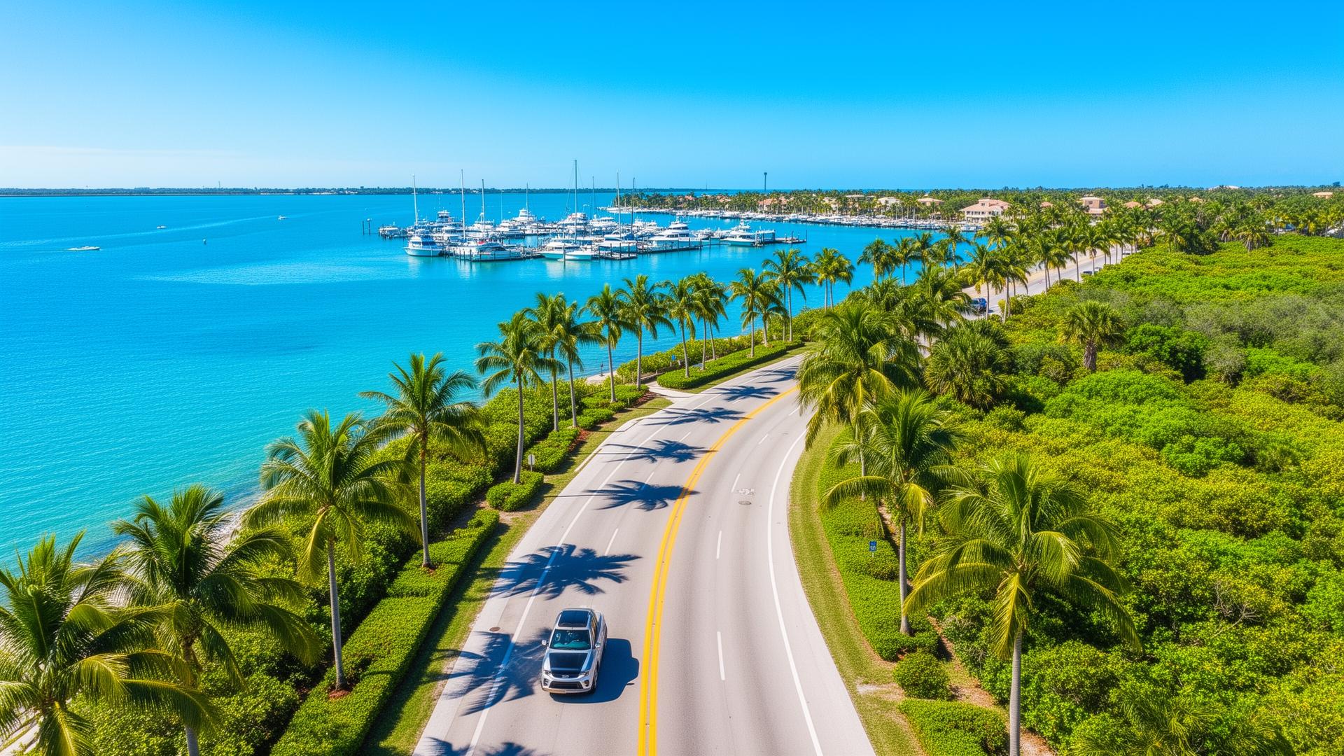 Aerial view of a scenic Florida coastal road with palm trees and a marina