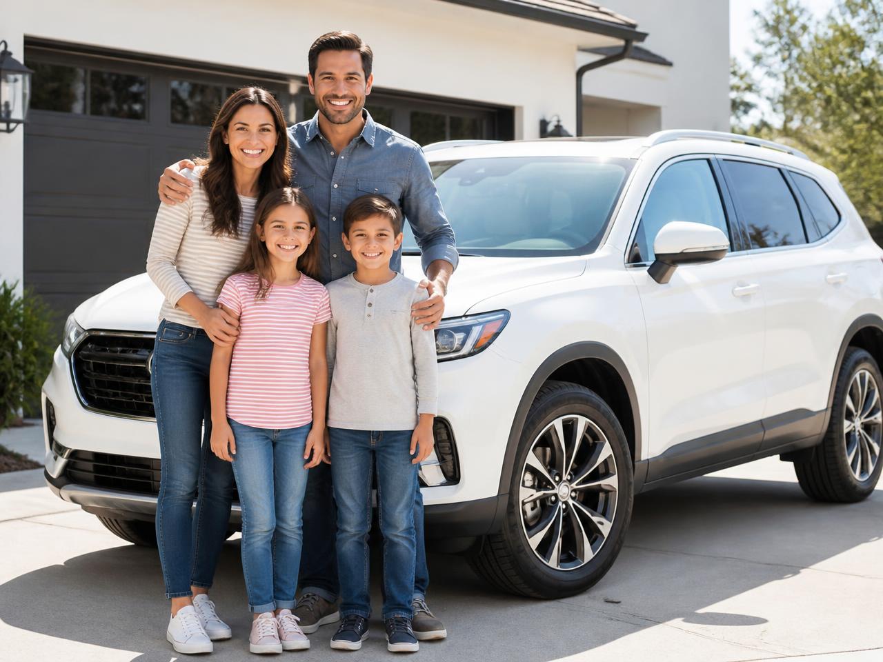 Smiling family standing beside their new SUV