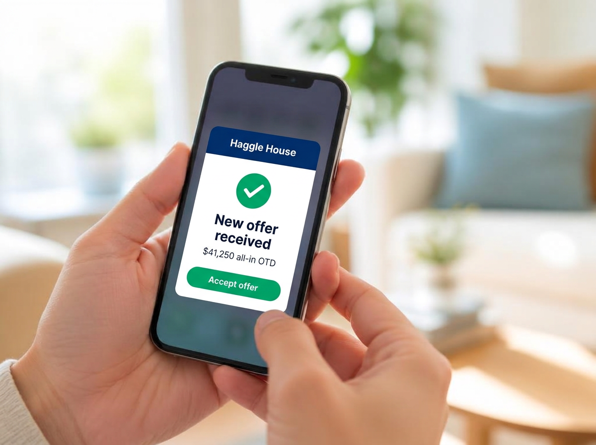 Hands holding a phone showing a new offer notification